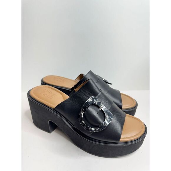 Naturalizer Platform Slide Sandal Size 9 Black Leather Block Heel Round Toe - Picture 3 of 8
